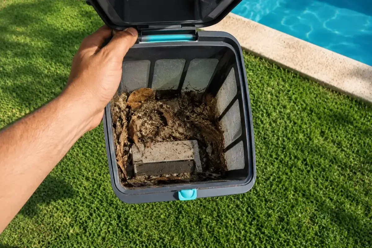 Filtre du robot Aiper Scuba S1 ouvert après test : feuilles mortes, débris et sable récupérés