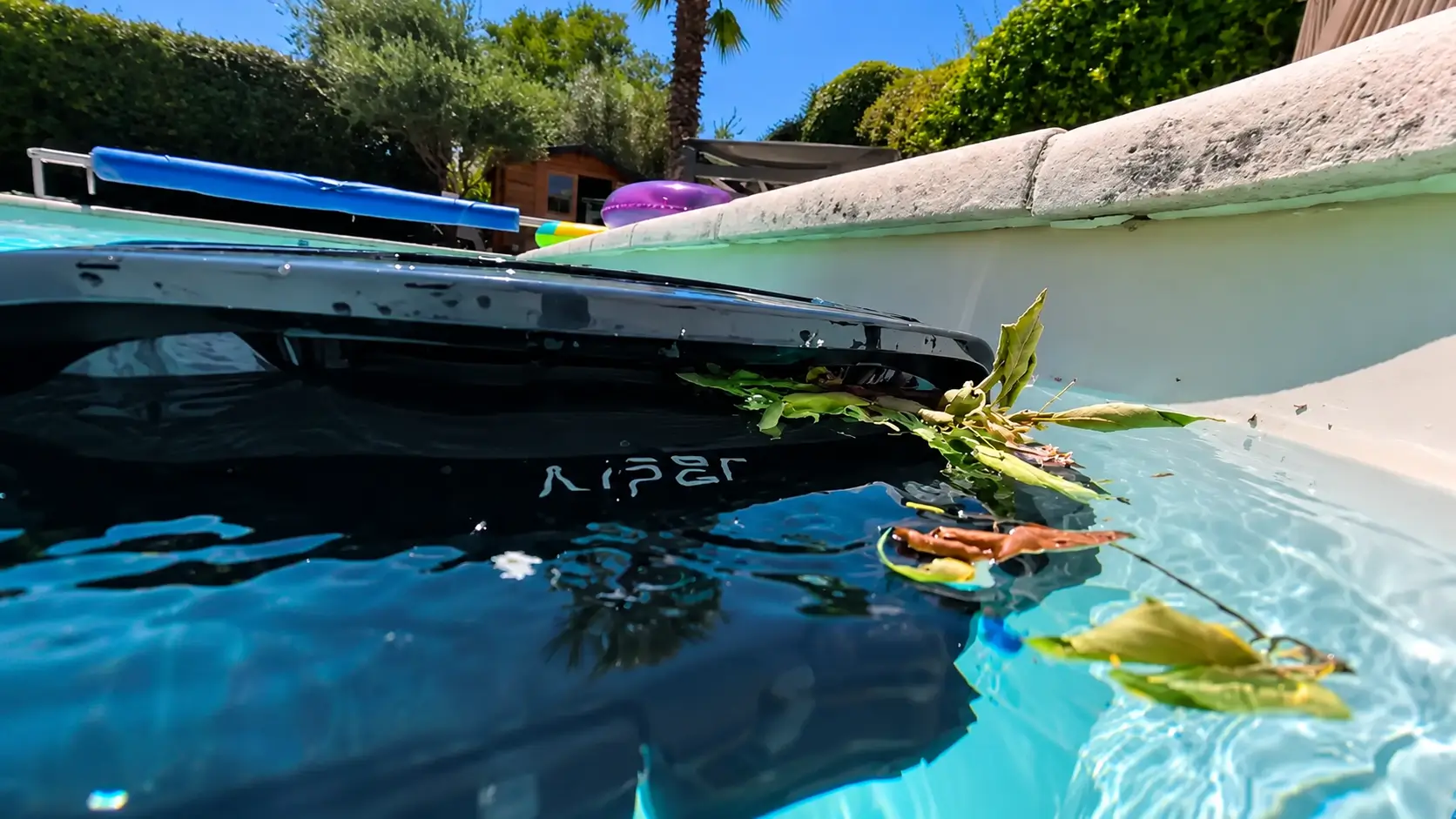 Robot piscine de surface Aiper X1 Pro Max aspirant des feuilles à la surface de l'eau dans une piscine en été