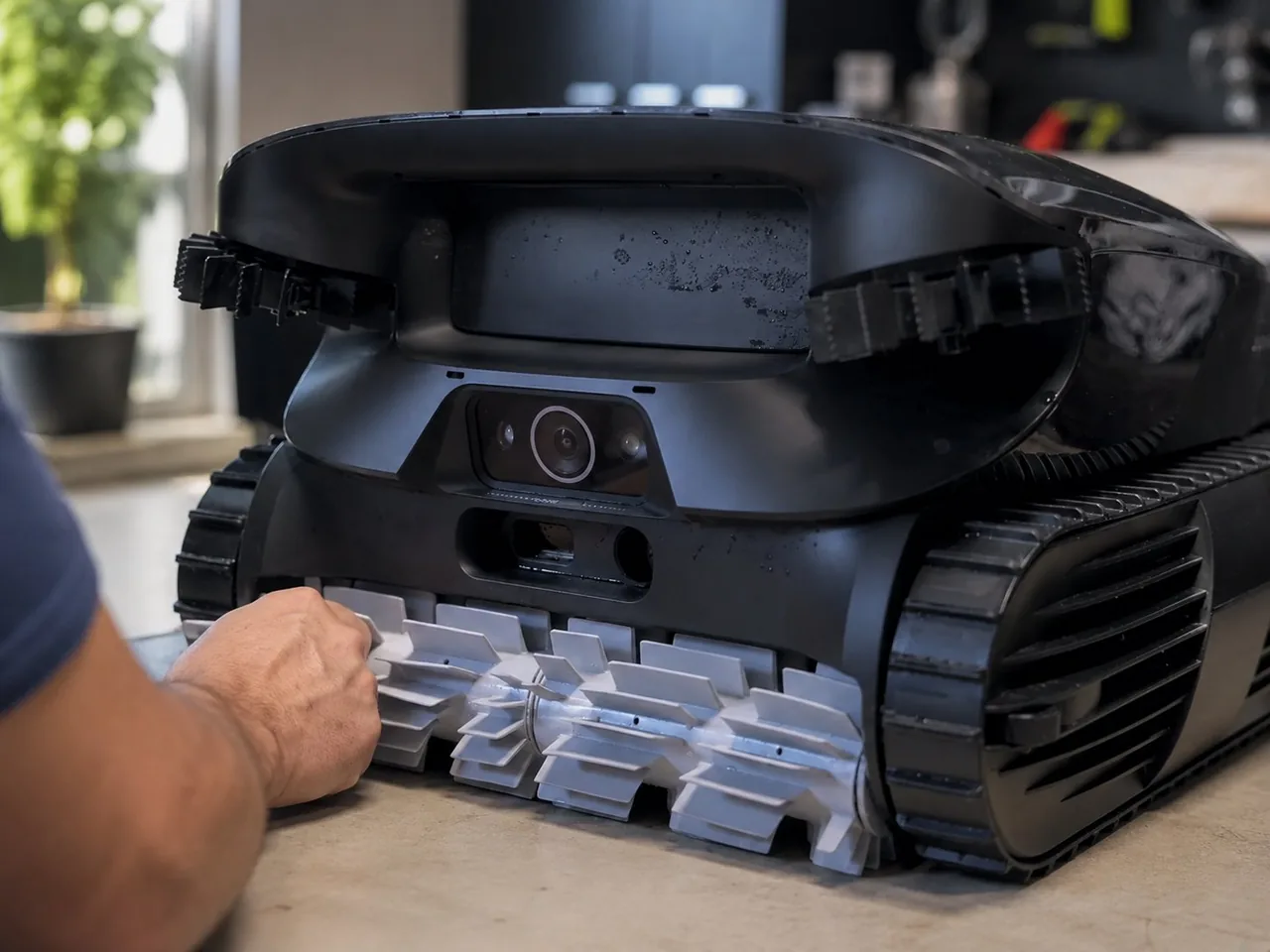 Gros plan sur la caméra IA HybridSense et la brosse centrale sous le Beatbot AquaSense 2 Ultra