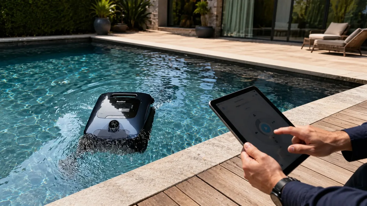 Robot piscine Beatbot AquaSense 2 Ultra nettoyant une piscine, piloté depuis l'application mobile sur tablette