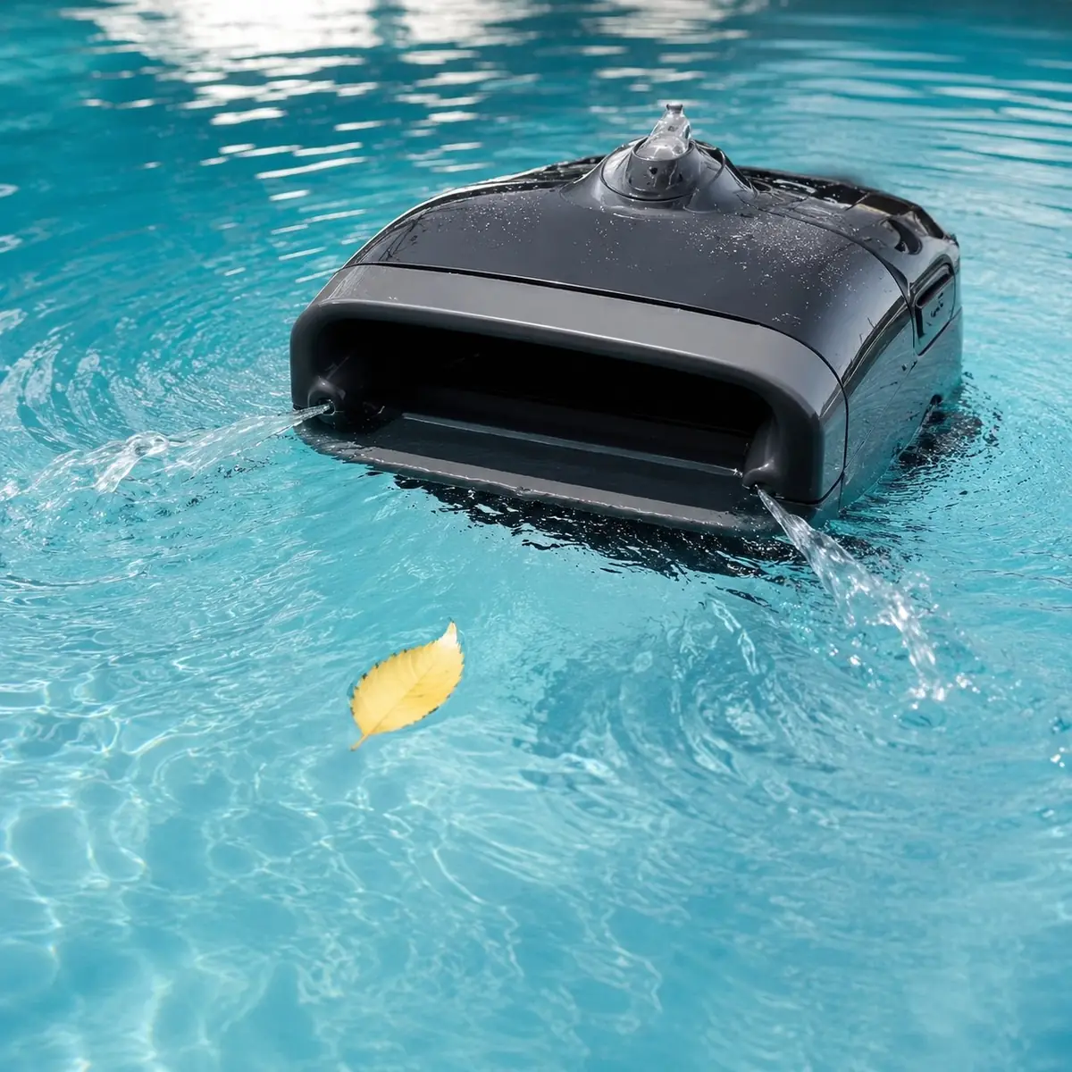 Beatbot Sora P7 flottant avec deux jets d'eau latéraux guidant une feuille jaune vers sa bouche d'aspiration