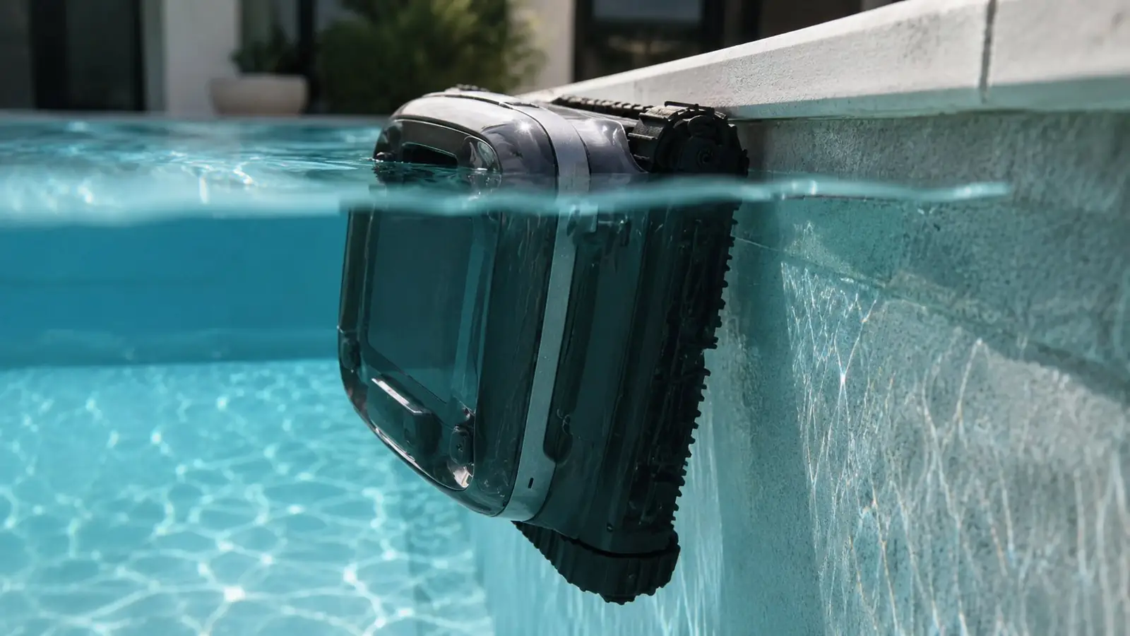 Beatbot Sora P7 collé à la paroi verticale d'une piscine en train de nettoyer la ligne d'eau