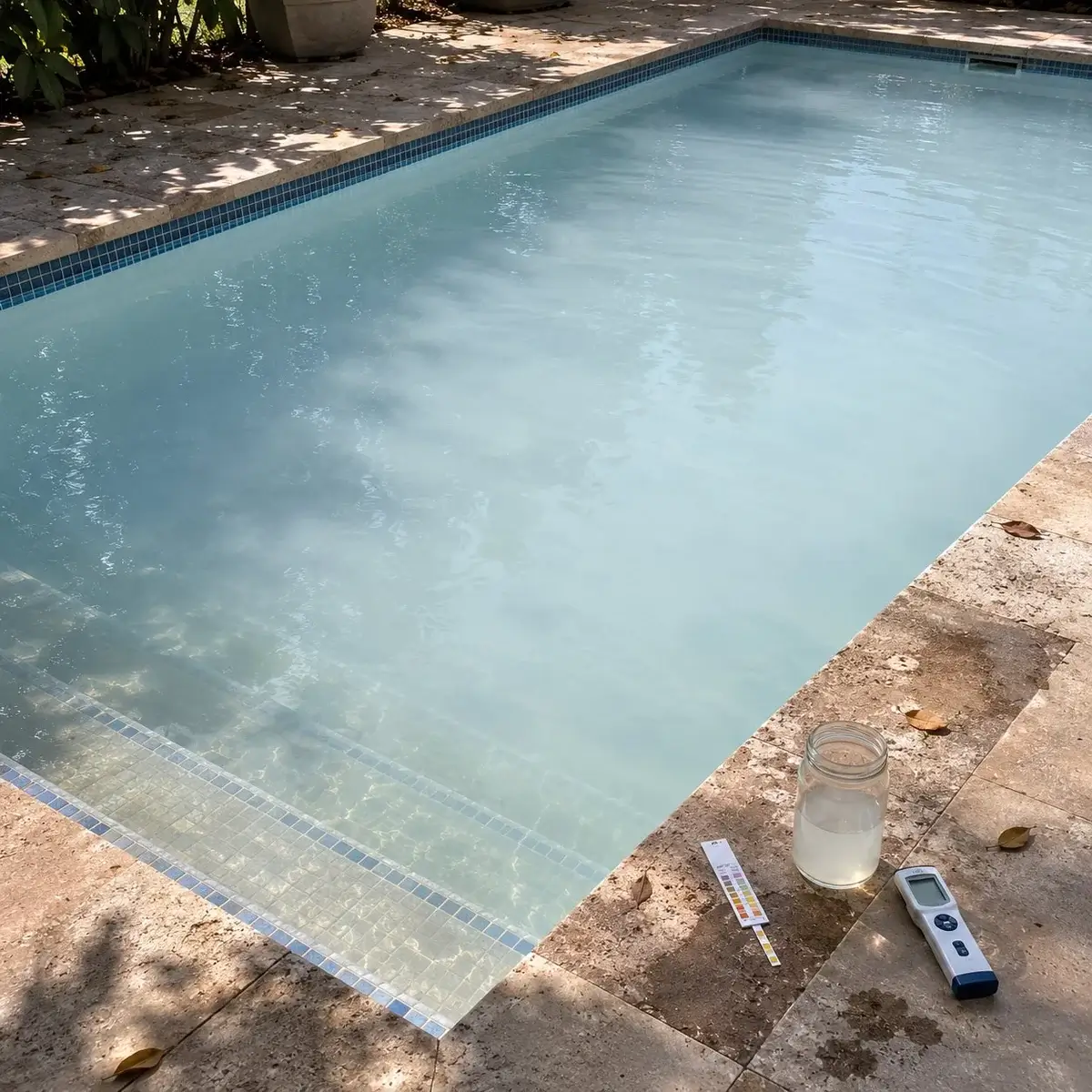 Eau de piscine blanche laiteuse trouble par déséquilibre chimique avec bandelette test pH et bocal de prélèvement sur margelle