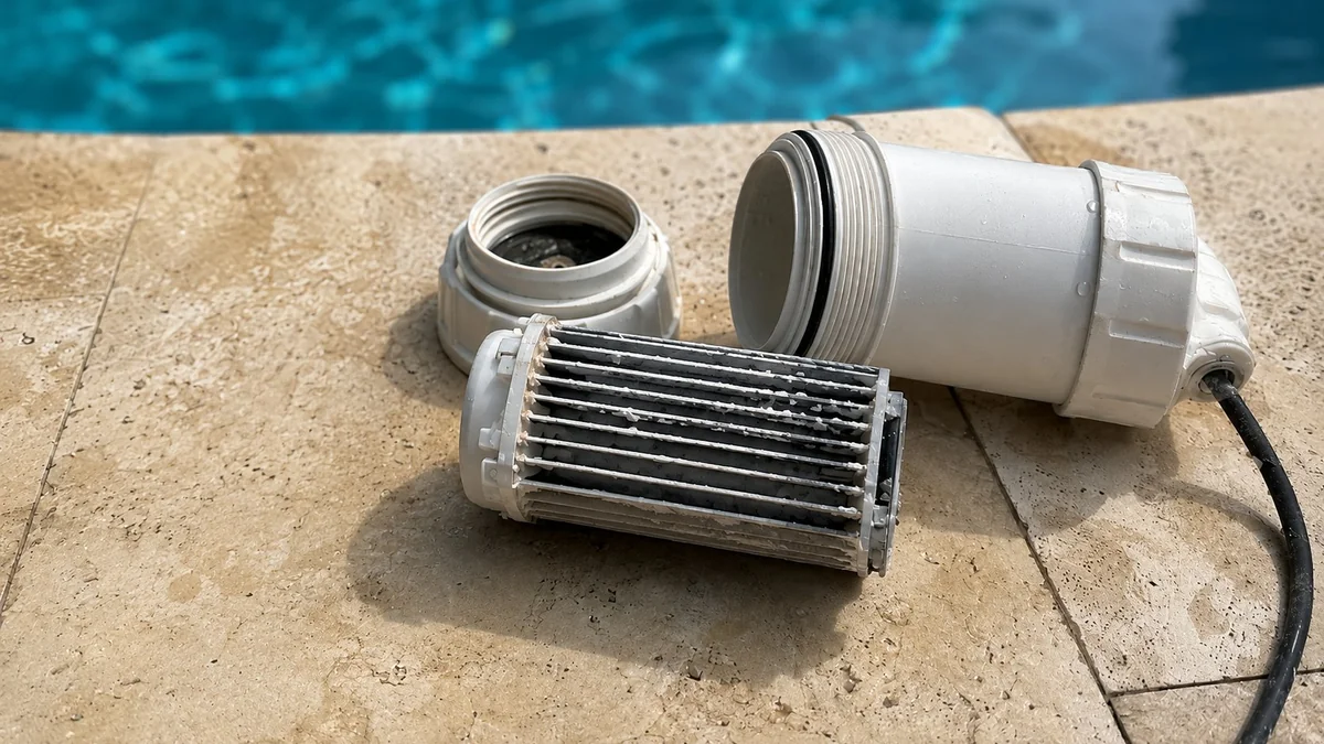 Comment nettoyer l'électrolyseur de piscine : cellule entartrée avec dépôt calcaire blanc sur plaques titane prête au démontage