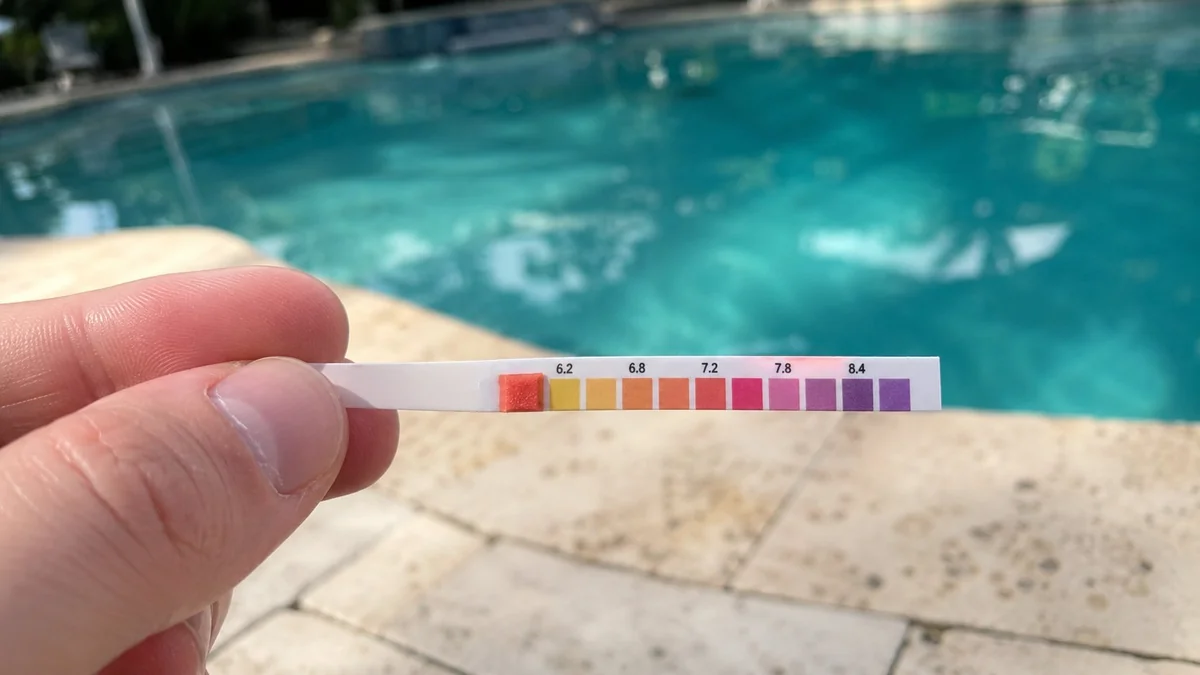 Bandelette test pH piscine trop bas — diagnostic pH acide en dessous de 7
