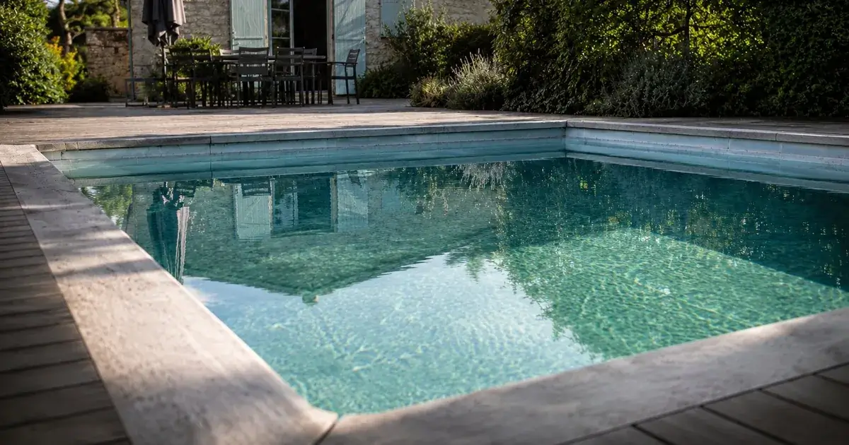 Piscine à l'eau cristalline après traitement choc et aspiration au balai