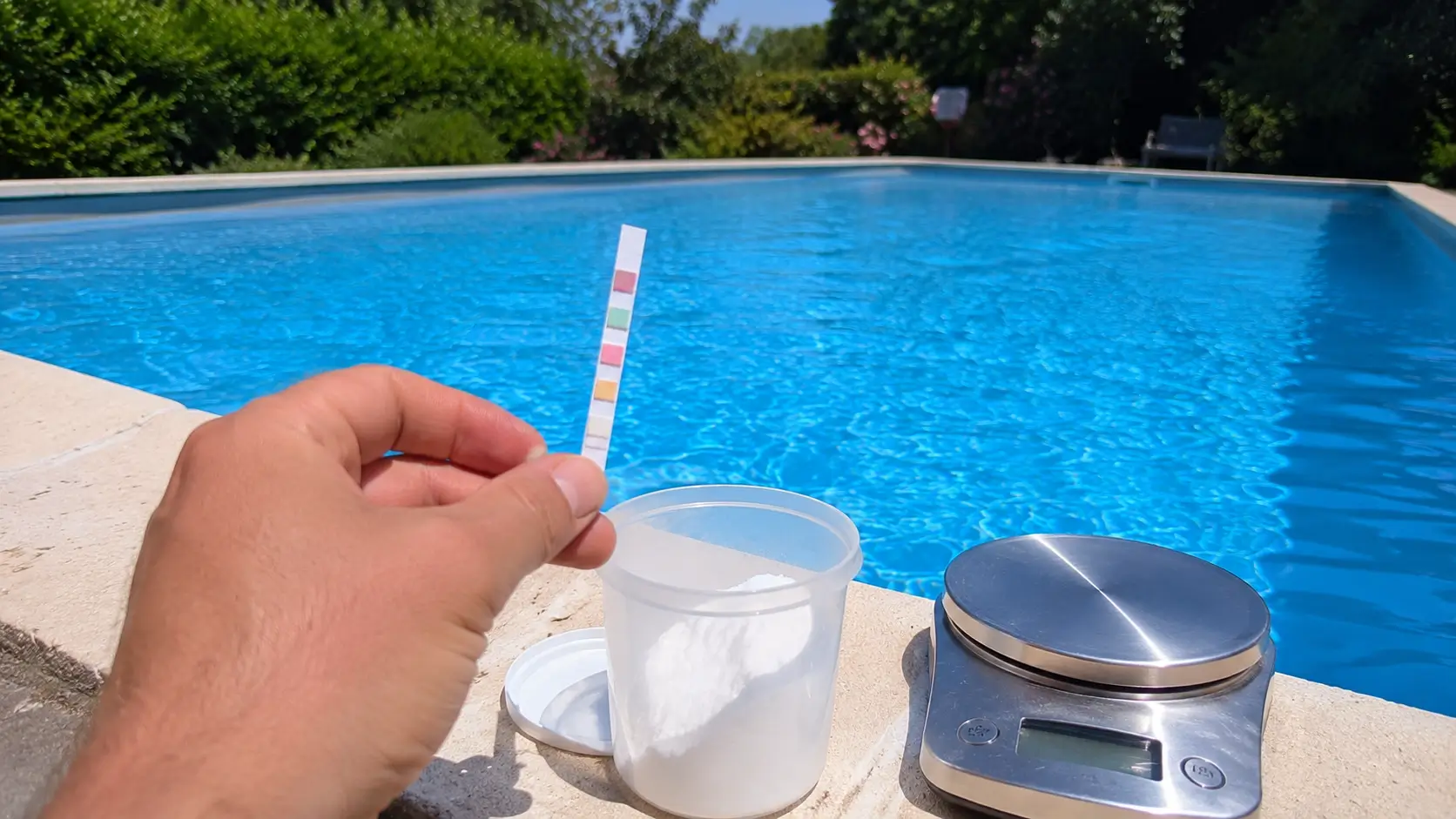Mesure du TAC d'une piscine : bandelette d'analyse et bicarbonate de sodium au bord du bassin