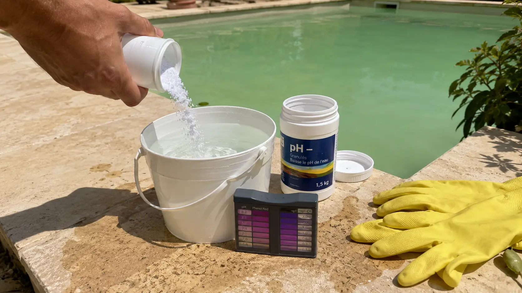 Test pH piscine trop haut et dosage de pH moins, méthode pour le baisser en 24h