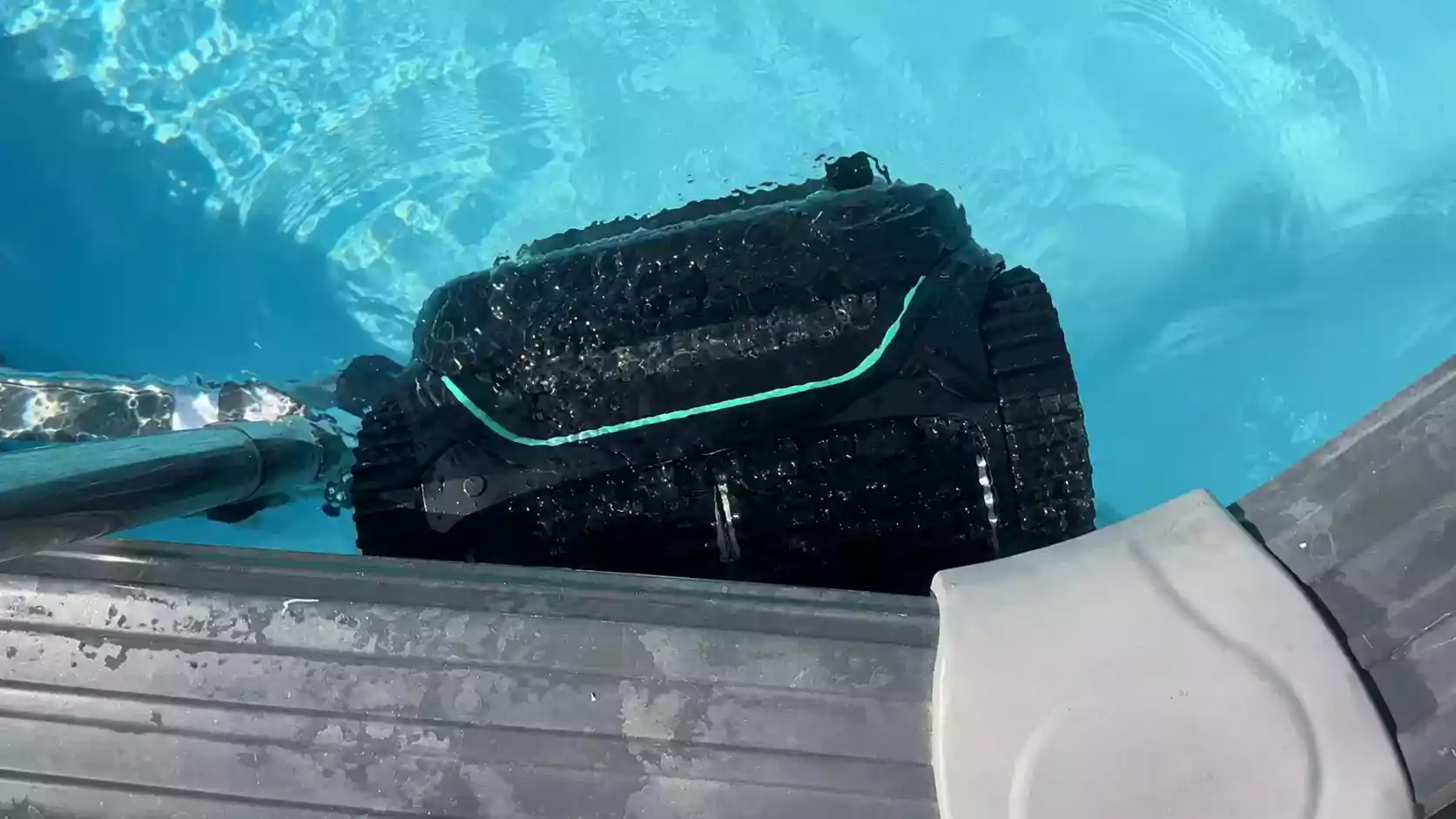 Wybot C2 en train de nettoyer la ligne d'eau d'une piscine, chenilles hors de l'eau