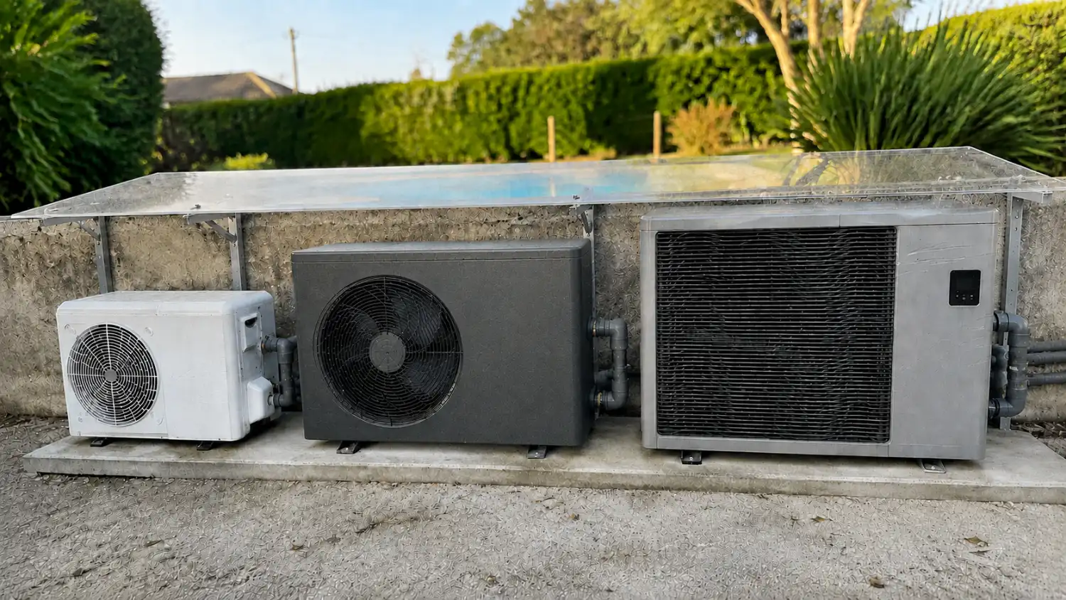 Trois pompes à chaleur de piscine de marques différentes comparées côte à côte avant installation