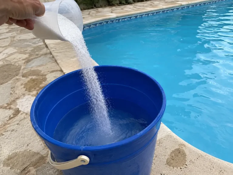 Poudre de pH moins versée depuis un gobelet doseur dans un seau d'eau au bord d'une piscine