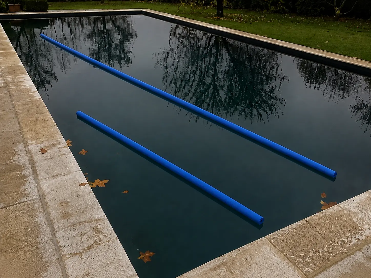 Deux flotteurs d'hivernage bleus traversant le plan d'eau d'une piscine en automne