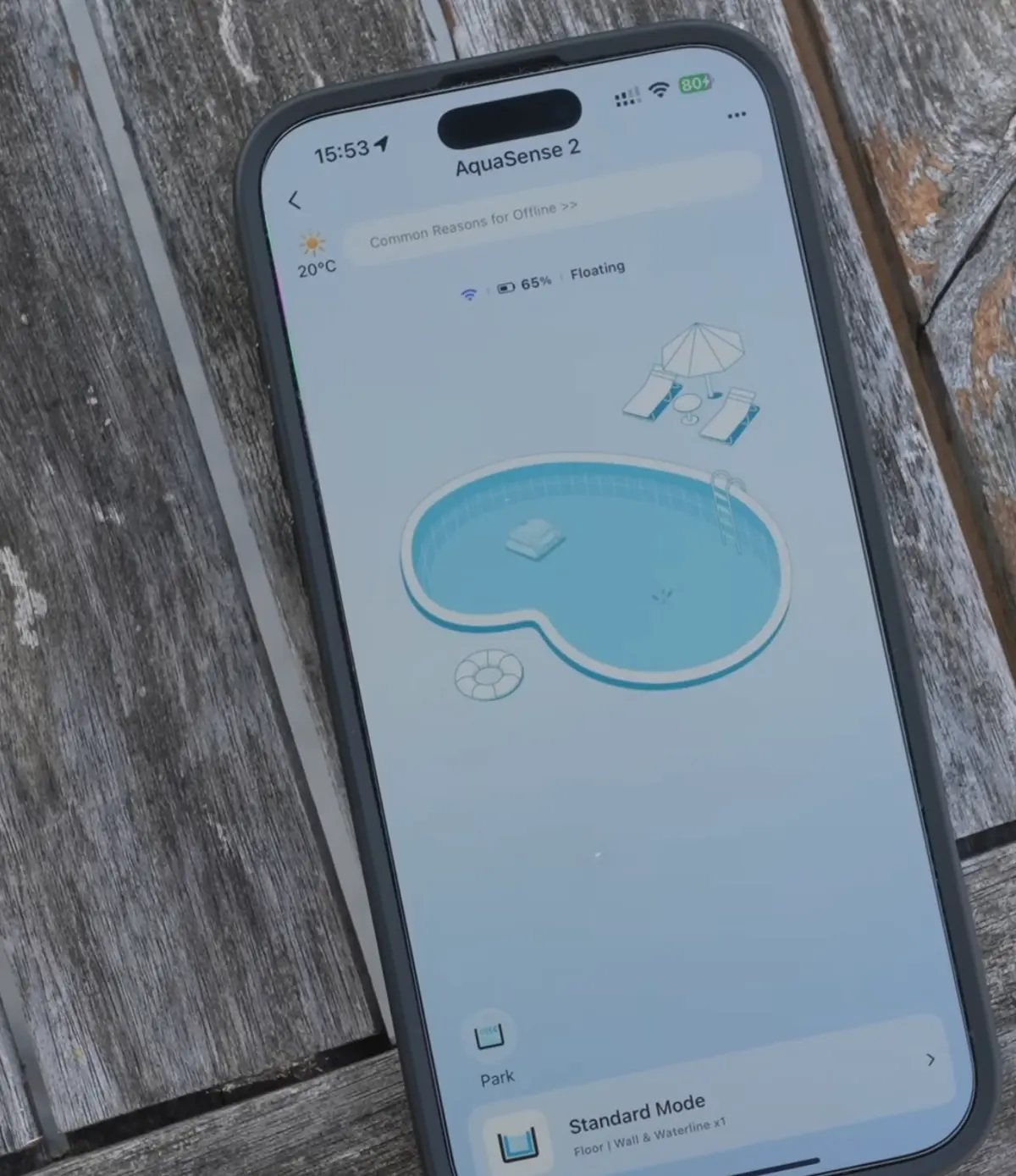 Ecran principal de l'application Beatbot pour l'AquaSense 2, mode Standard regle sur fond, parois et ligne d'eau