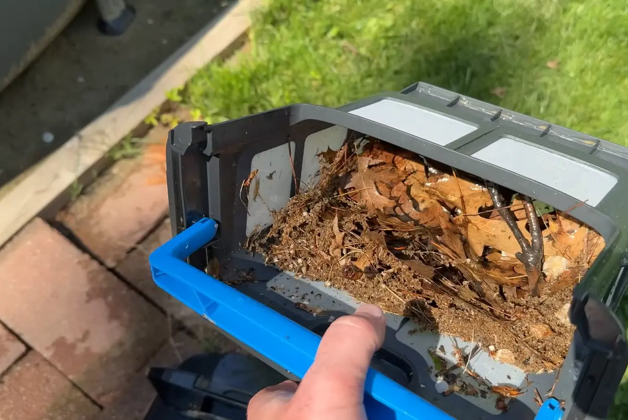 Panier filtre du Beatbot AquaSense 2 Ultra ouvert après un cycle, plein de feuilles, de sable et d'aiguilles de pin
