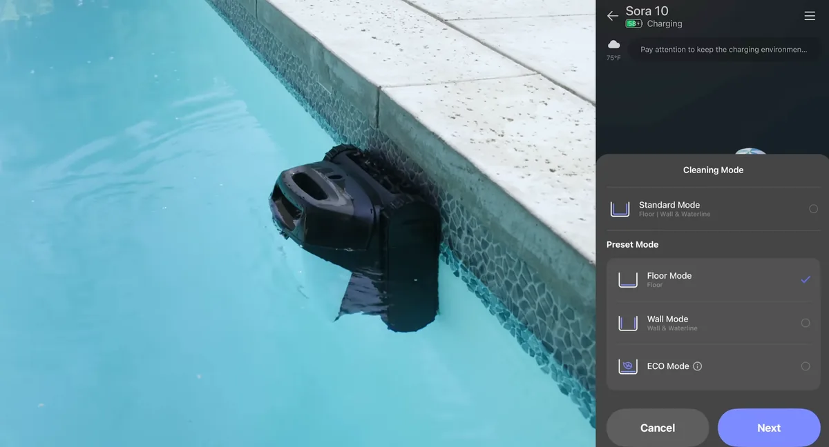 Les modes de nettoyage du Beatbot Sora 10 dans l'application