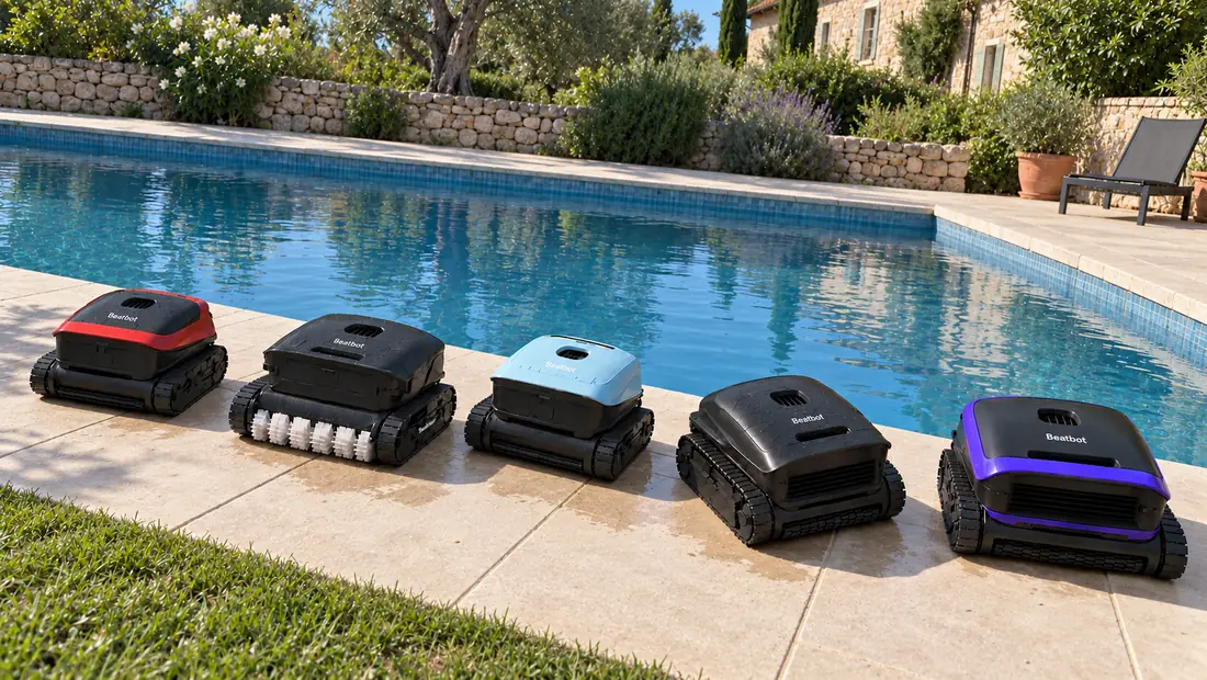 Plusieurs robots de piscine alignés au bord d’un bassin