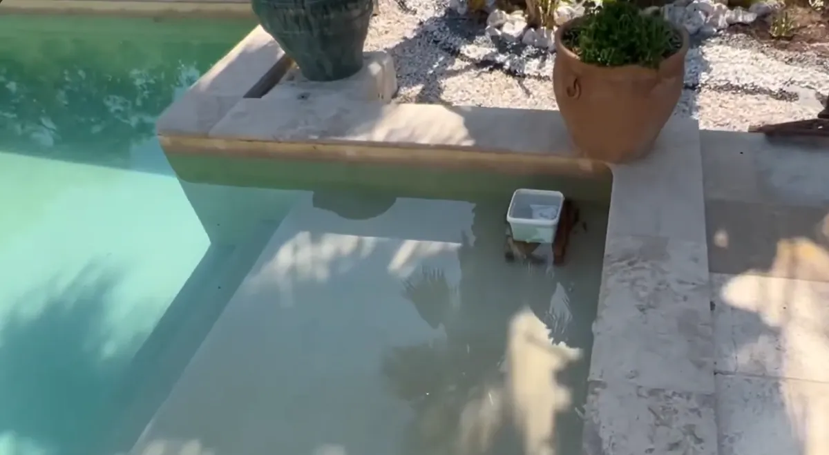 Bac rempli d'eau posé sur la marche d'une piscine pour le test du seau